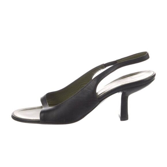 Gucci Authentic Black Olive Green Leather Medium Heel Sling Black Sandals 5 B - Picture 1 of 8